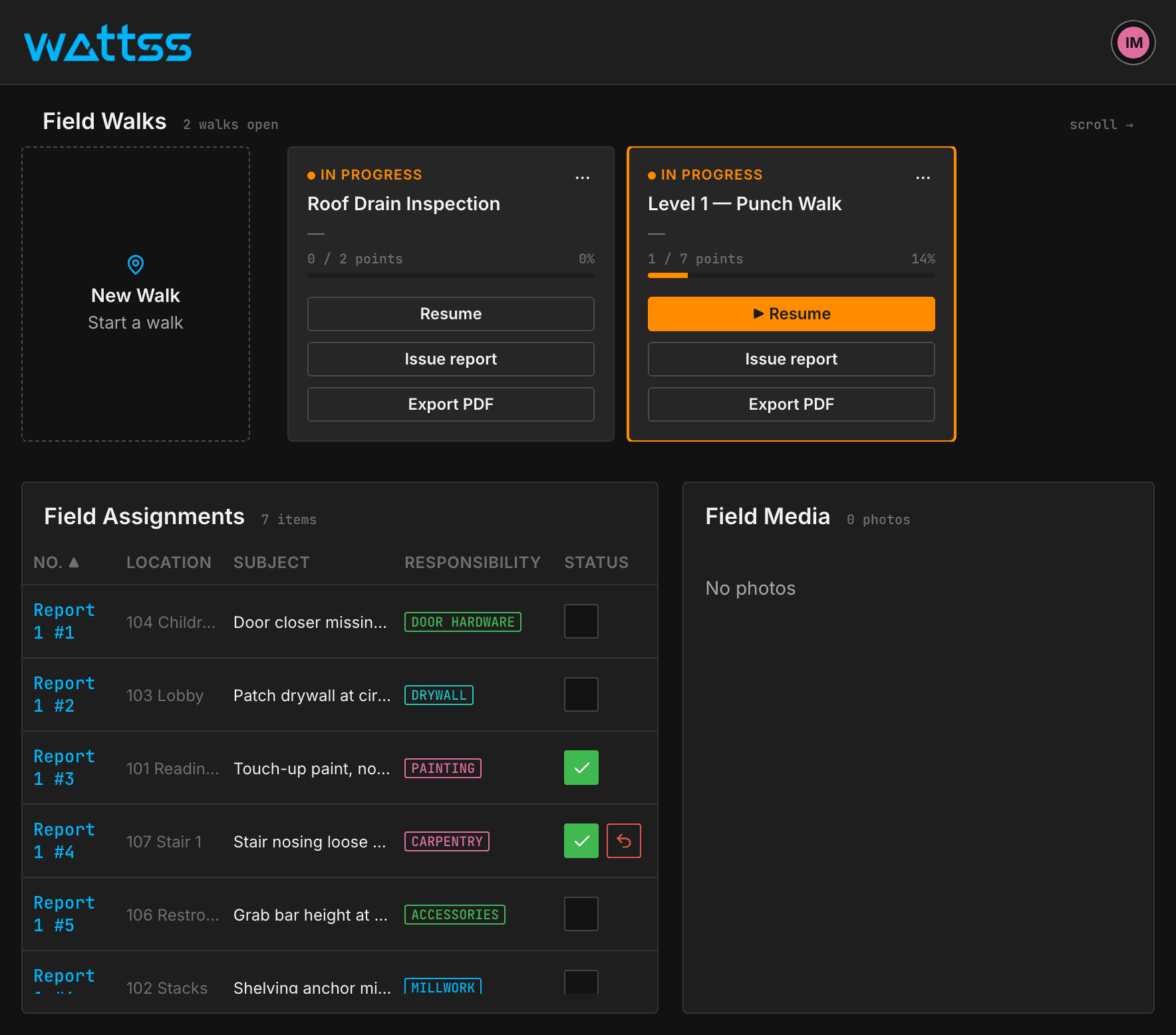The WATTSS Field dashboard for Riverside Library: two open walks, Level 1 — Punch Walk (1 of 7 points) and Roof Drain Inspection, with Resume, Issue report and Export PDF on each, and the selected walk's Field Assignments — punch items by location, subject, trade and done status.