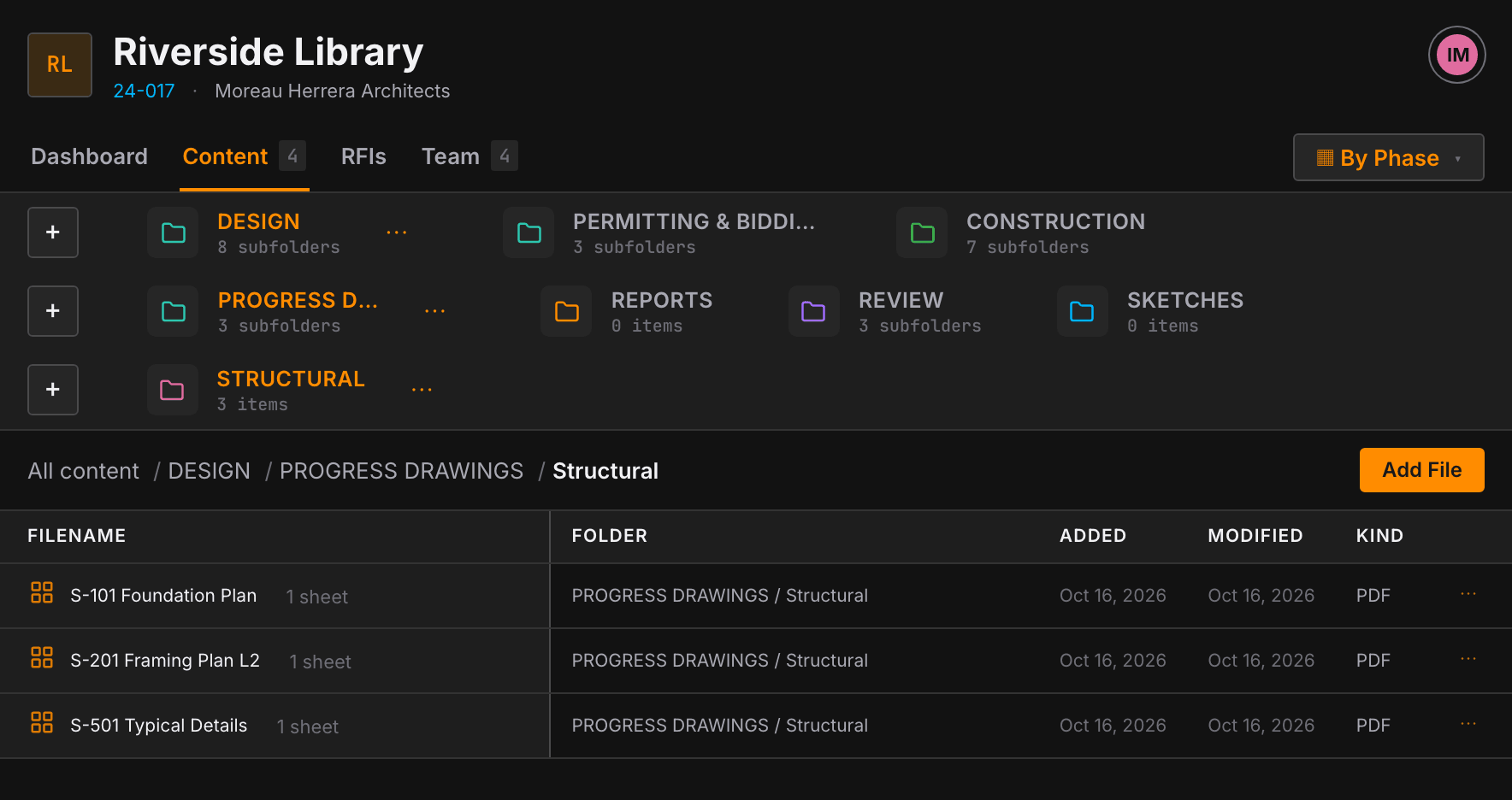 The WATTSS Content tab for the project Riverside Library, 24-017: the folders DESIGN, PERMITTING & BIDDING and CONSTRUCTION, opened to DESIGN / PROGRESS DRAWINGS / Structural, which lists three drawing sets — S-101 Foundation Plan, S-201 Framing Plan L2 and S-501 Typical Details.