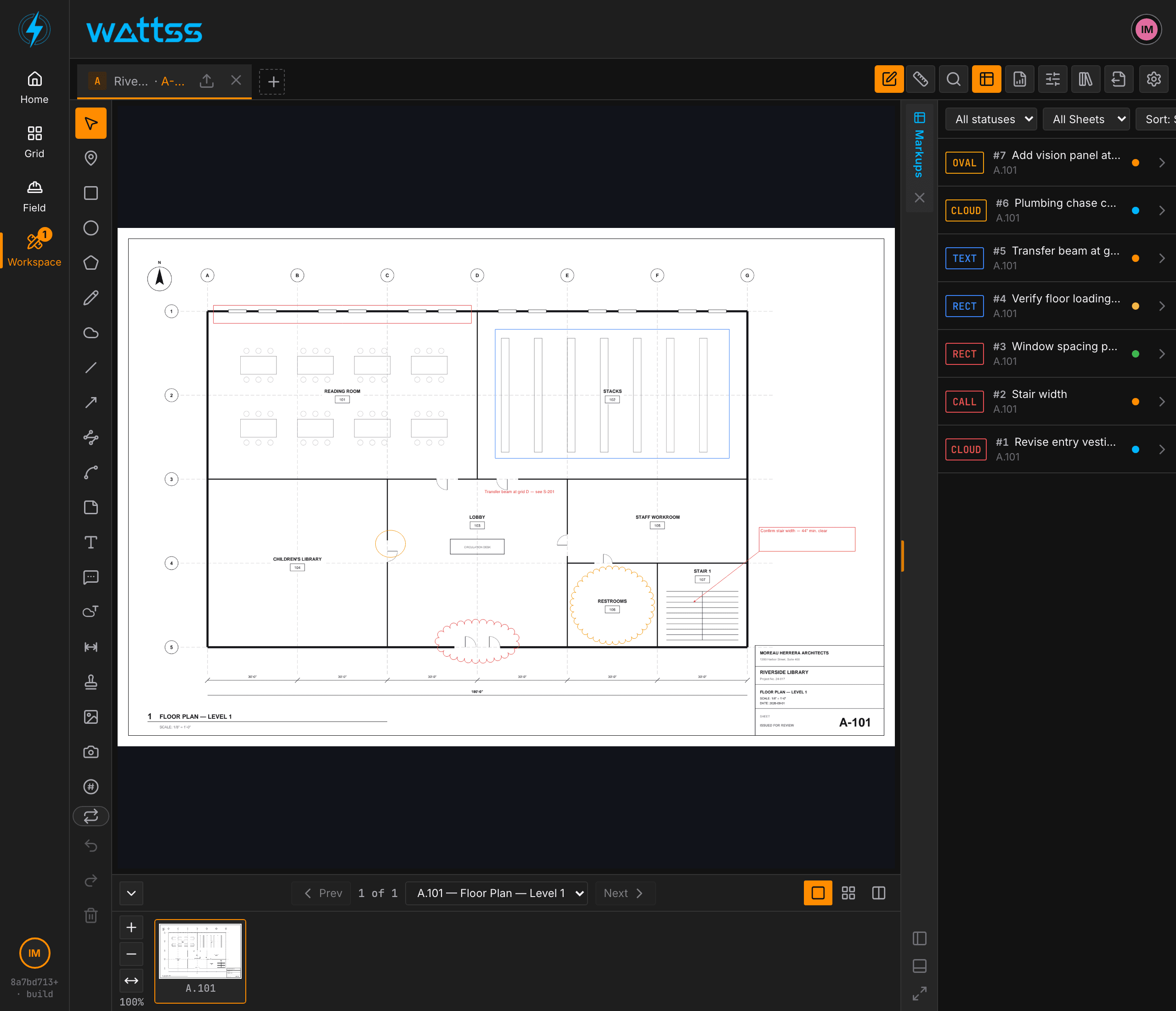 The WATTSS Workspace on a desktop: the same Riverside Library floor plan with the tool rail on the left and the Markups list docked beside the drawing, seven markups by three people with their types and statuses.